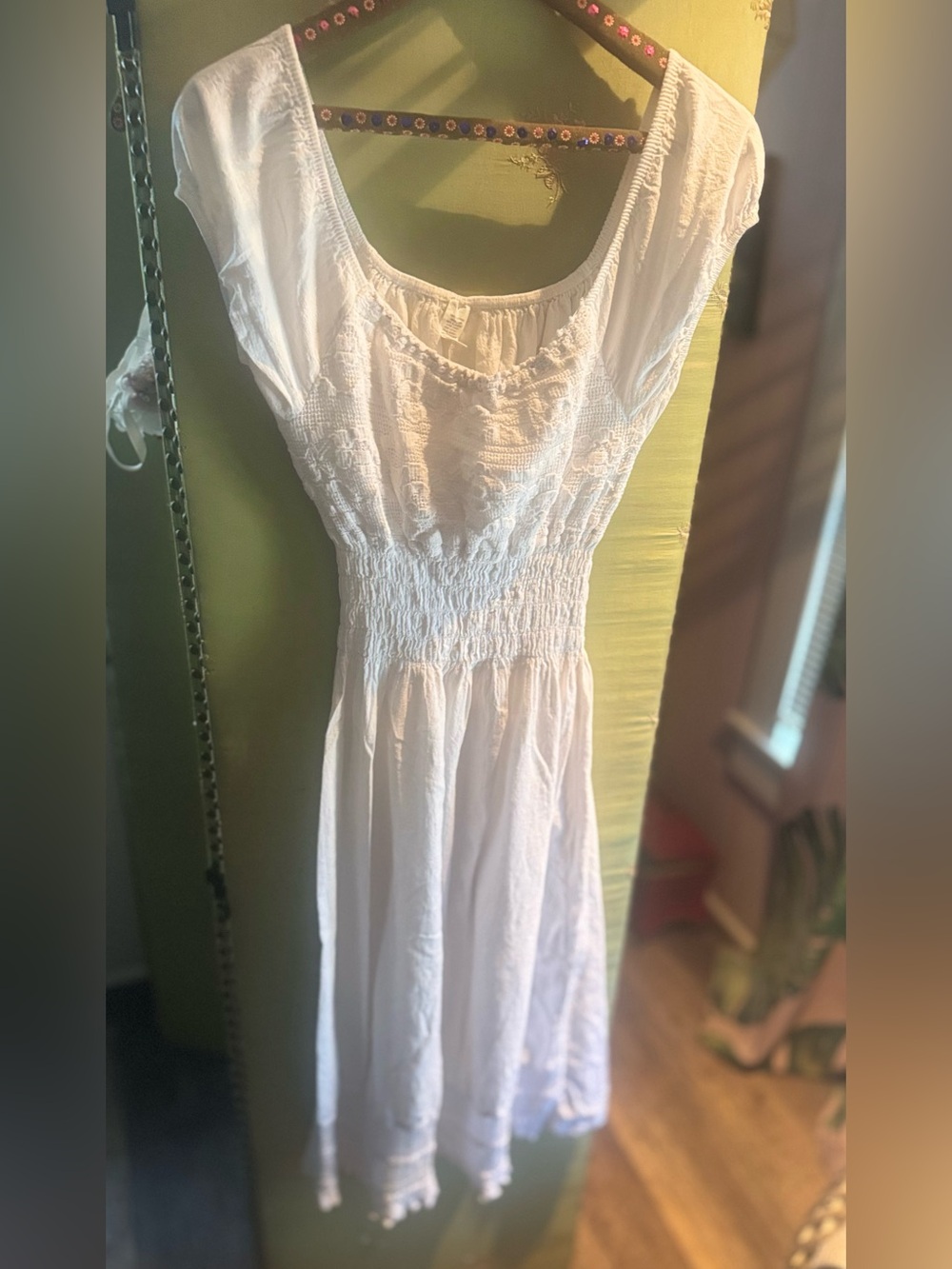 White Smocked Waist Maxi Dress with Embroidered Bodice